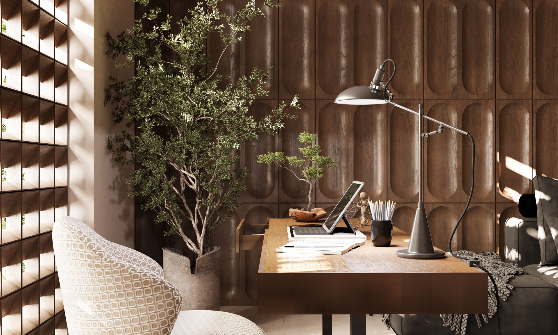 Luxury Home Office Interior with Wood Paneling Window and Wooden Desk. 3D Rendering.